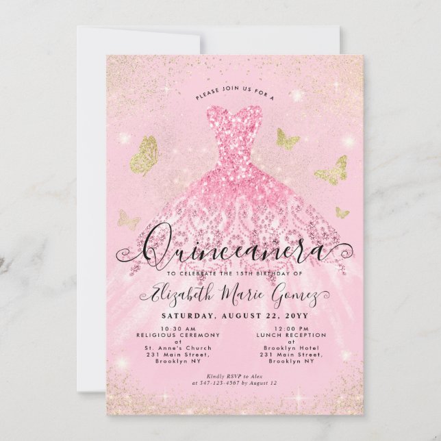 Modern Blush Pink Gold Glitter Gown Quinceanera Invitation (Front)