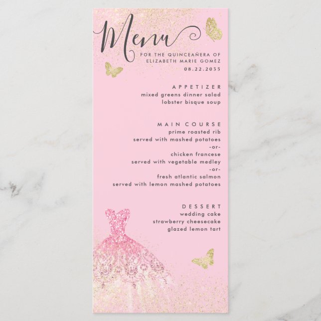 Modern Blush Pink Gold Glitter Gown Quinceanera Menu (Front)