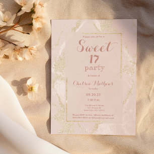 Modern blush pink gold glitter marble Sweet 17 Invitation
