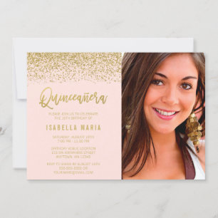 Modern Blush Pink Gold Glitter Quinceanera Photo Invitation