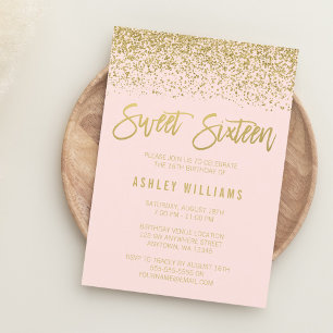 Modern Blush Pink Gold Glitter Sweet 16 Invitation