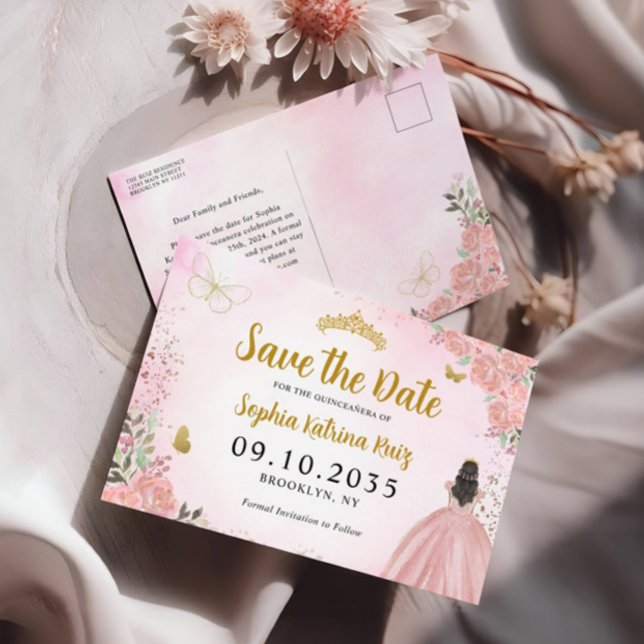 Modern Blush Pink Gold Quinceanera Save the Date Postcard (Creator Uploaded)