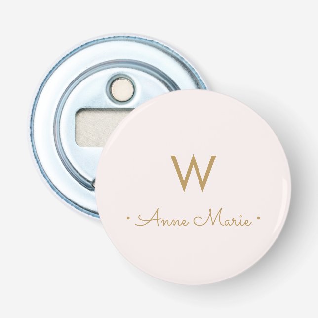 Modern Blush Pink Gold Script Monogram Bottle Opener (Front)