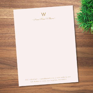 Modern Blush Pink Gold Script Monogram Custom Letterhead