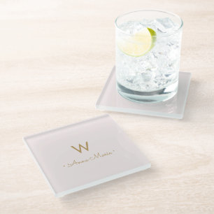 Modern Blush Pink Gold Script Monogram Glass Coaster