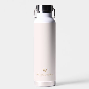 Modern Blush Pink Gold Script Monogram Water Bottle