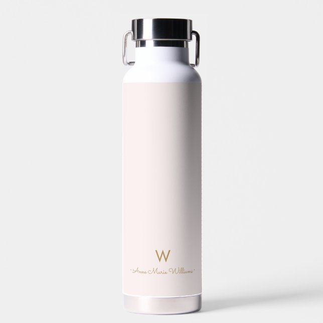 Modern Blush Pink Gold Script Monogram Water Bottle (Front)