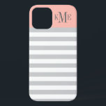 Modern Blush Pink Grey Stripes Custom Monogram iPhone 12 Case<br><div class="desc">Dress up and protect your iphone with a simple, modern and stylish striped pattern design that is custom monogrammed with your first, middle and last name initials in a preppy serif font. Light grey and white horizontal stripes contrasted with a light blush pink / peach colour block background. Dark charcoal...</div>