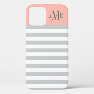 Modern Blush Pink Grey Stripes Custom Monogram iPhone 12 Case