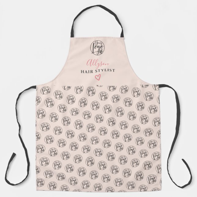 Modern blush pink hair stylist logo pattern brand apron (Front)
