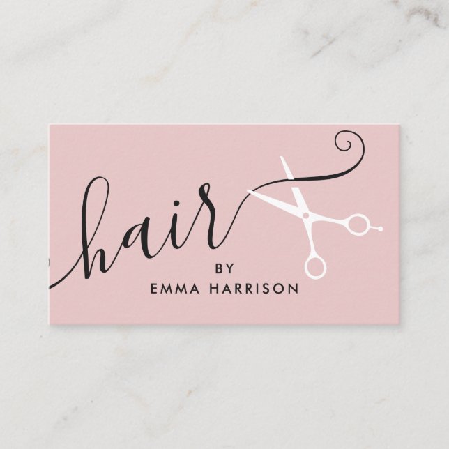 Modern blush pink hair stylist white scissors logo business card (Front)