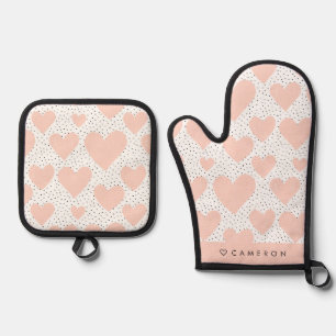 Modern Blush Pink Heart Pattern Personalised Oven Mitt & Pot Holder Set