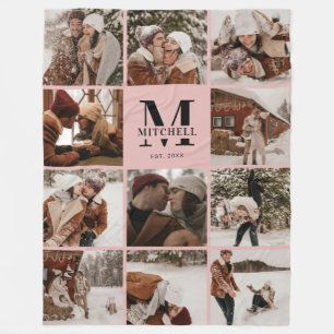 Modern Blush Pink Instagram Photo Collage Monogram Fleece Blanket