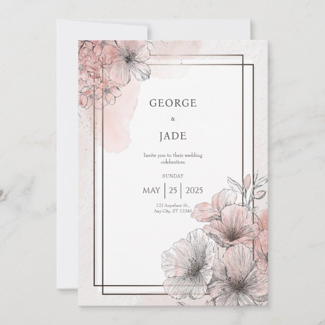 Modern Blush Pink Line Art Floral Wedding Invitation (Front)