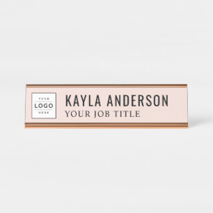Modern Blush Pink Logo Employee Desk Name Plate