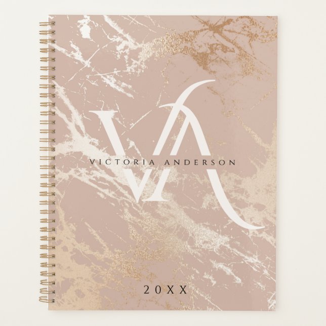 Modern Blush Pink Marble White Monogram Custom Planner (Front)