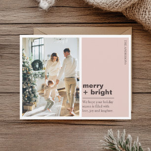 Modern Blush Pink Merry + Bright Christmas Photo  Postcard