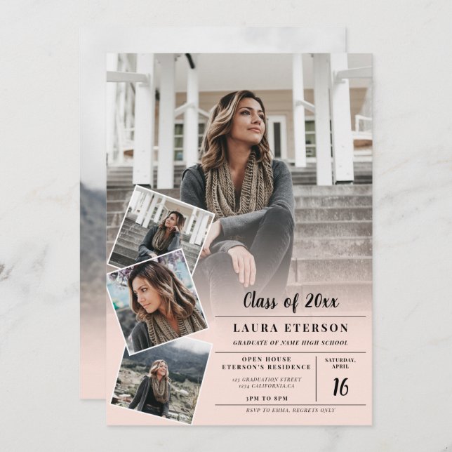 Modern blush pink minimalist photo graduation invitation (Front/Back)