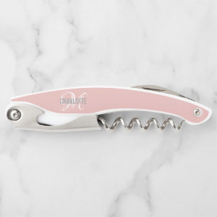Modern blush pink monogram name corkscrew