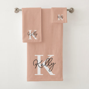 Modern Blush Pink Monogram Script Bath Towel Set
