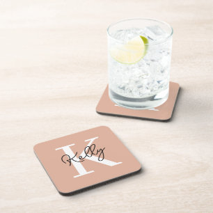 Modern Blush Pink Monogram Script Coaster
