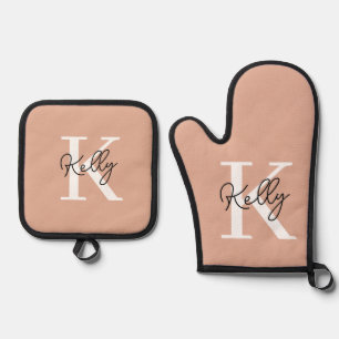 Modern Blush Pink Monogram Script Oven Mitt & Pot Holder Set