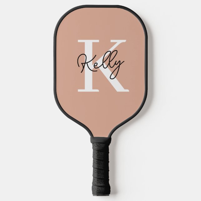 Modern Blush Pink Monogram Script Pickleball Paddle (Front)