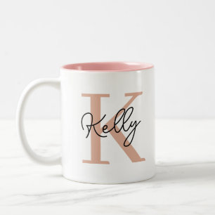 Modern Blush Pink Monogram Script Two-Tone Coffee Mug