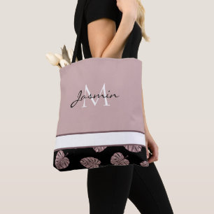 Modern Blush Pink Monogram Tropical Leaf Tote Bag