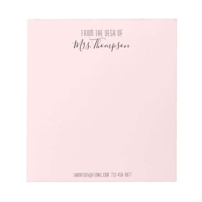 Modern Blush Pink Name Script From The Desk Of Notepad (Front)