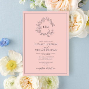 Modern Blush Pink Navy Blue Monogram Wedding Invitation