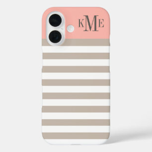 Modern Blush Pink Neutral Stripes Custom Monogram iPhone 16 Case