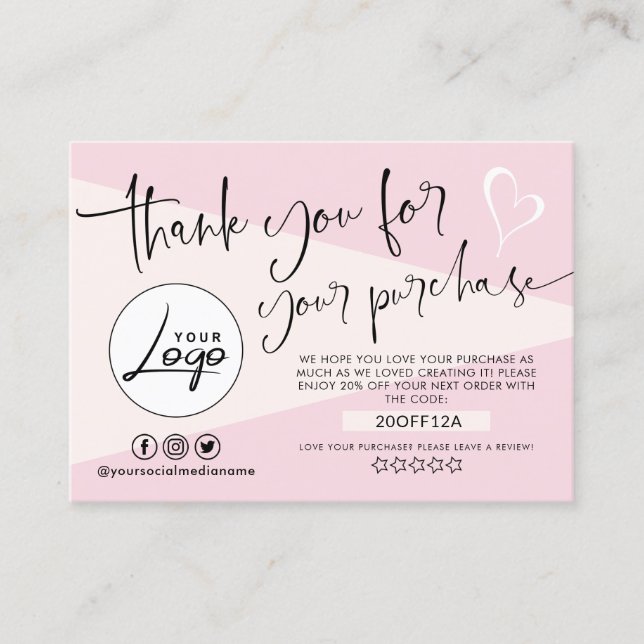Modern Blush Pink Order Thank You Business Card (Front)