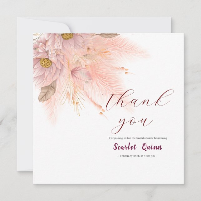 Modern blush pink pampas grass bridal shower thank you card (Front)