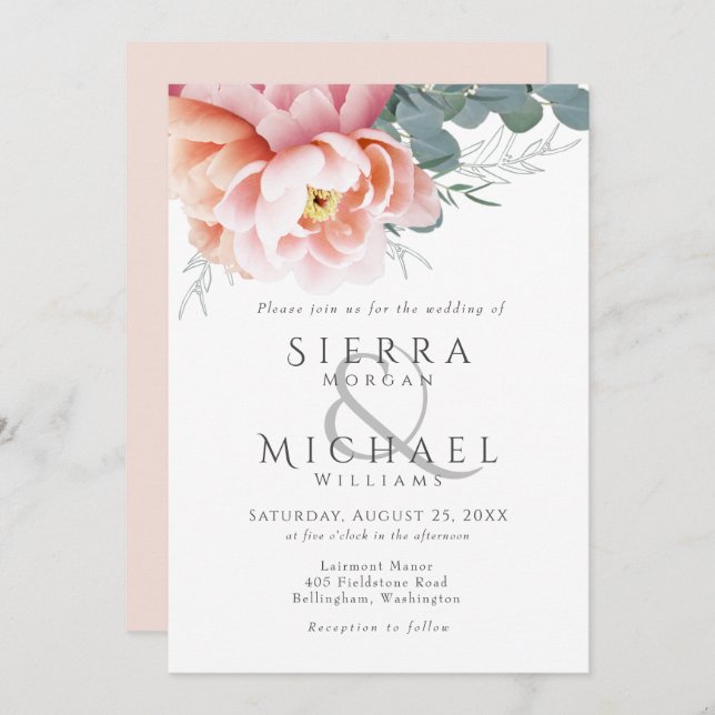 Modern Blush Pink Peach Peony Floral Wedding Invitation (Front/Back)