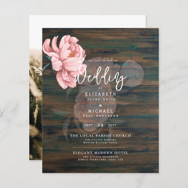 Modern Blush Pink Peonies Floral Wedding Invite (Front/Back)