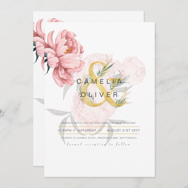 Modern Blush Pink Peonies Floral Wedding Invite (Front/Back)