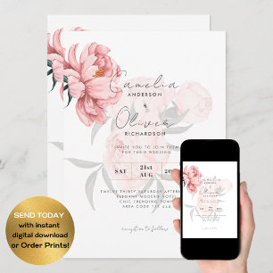 Modern Blush Pink Peonies Floral Wedding Invite