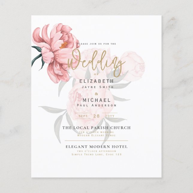 Modern Blush Pink Peonies Floral Wedding Invite Flyer (Front)