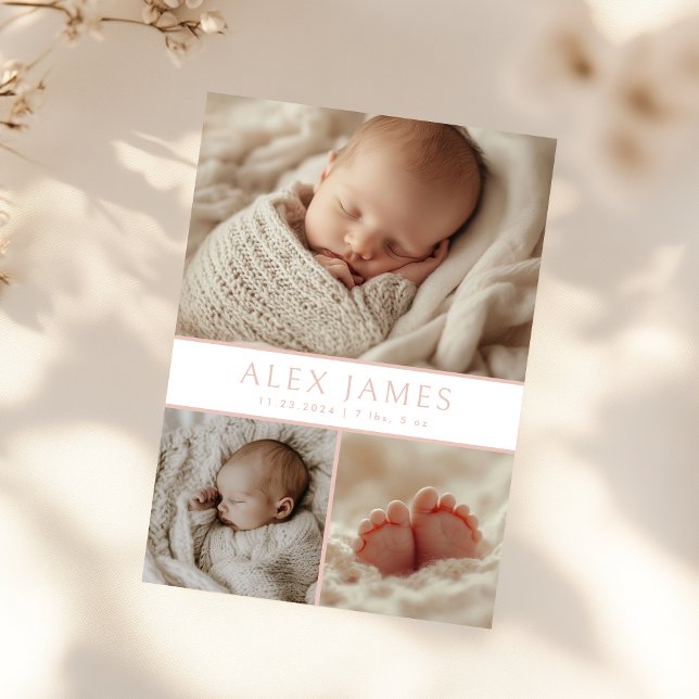 Modern Blush Pink Photo Collage Baby Birth Announcement (Creator Uploaded)
