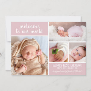 Modern Blush Pink Photo Collage Baby Girl Birth Announcement