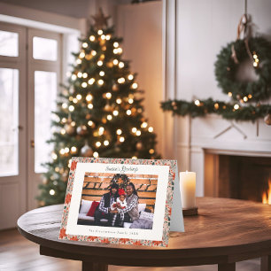 Modern Blush Pink Poinsettia Photo Christmas Card