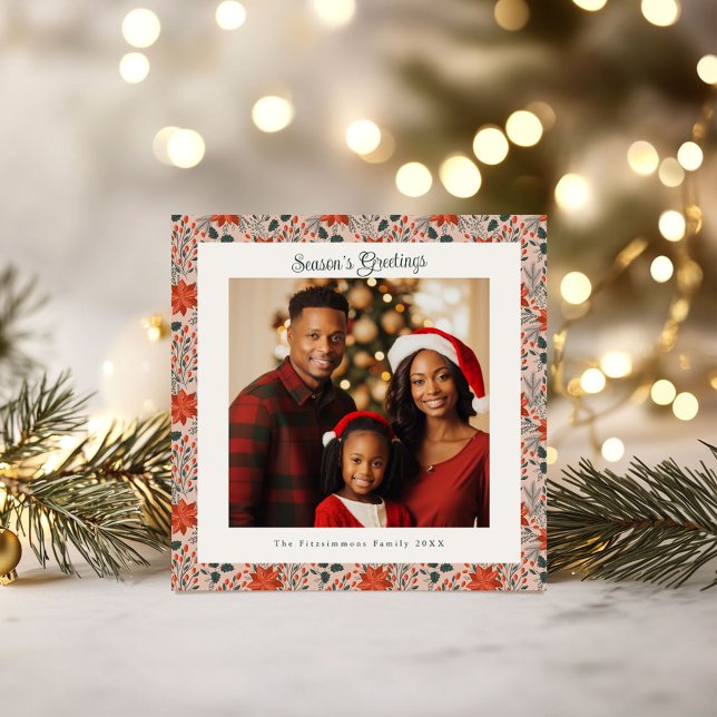 Modern Blush Pink Poinsettia Photo Christmas Card (Poinsettia Season Square Christmas Card blush pink)