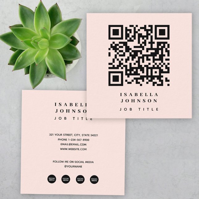 Modern Blush Pink QR Code Social Media Icons Square Business Card (Modern Blush Pink QR Code Social Media Icons Square Business Card)