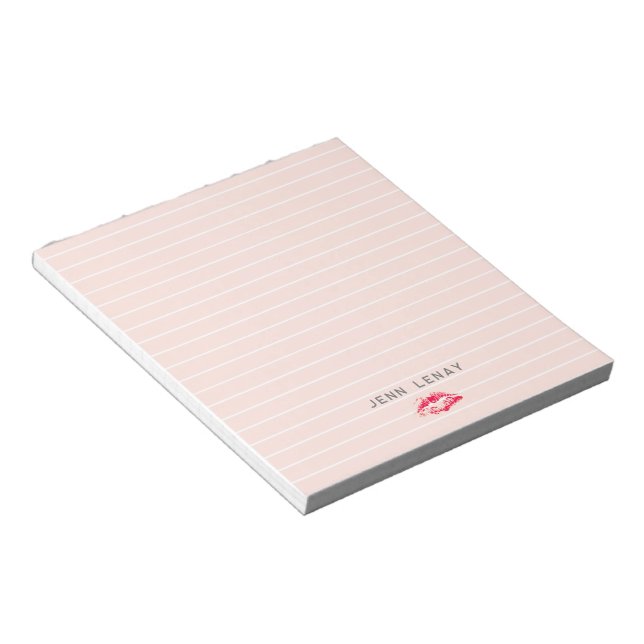 Modern Blush Pink Red Lipstick Kiss Personalised Notepad (Angled)