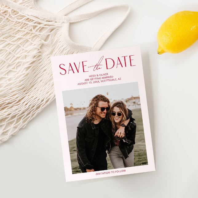 Modern Blush Pink & Red Photo Save the Date Card (Creator Uploaded)