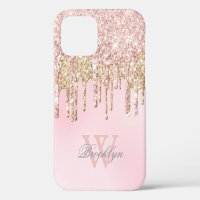 Modern Blush Pink Rose Gold Glitter Drips Monogram