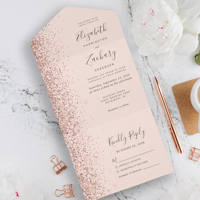 Modern Blush Pink Rose Gold Glitter Wedding All In One Invitation (Creator Uploaded)