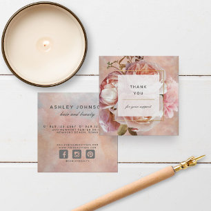 Modern Blush Pink Rose & Peony Elegant Thank You Square Business Card