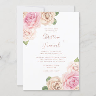 Modern Blush Pink Rose Watercolor Floral Wedding Invitation